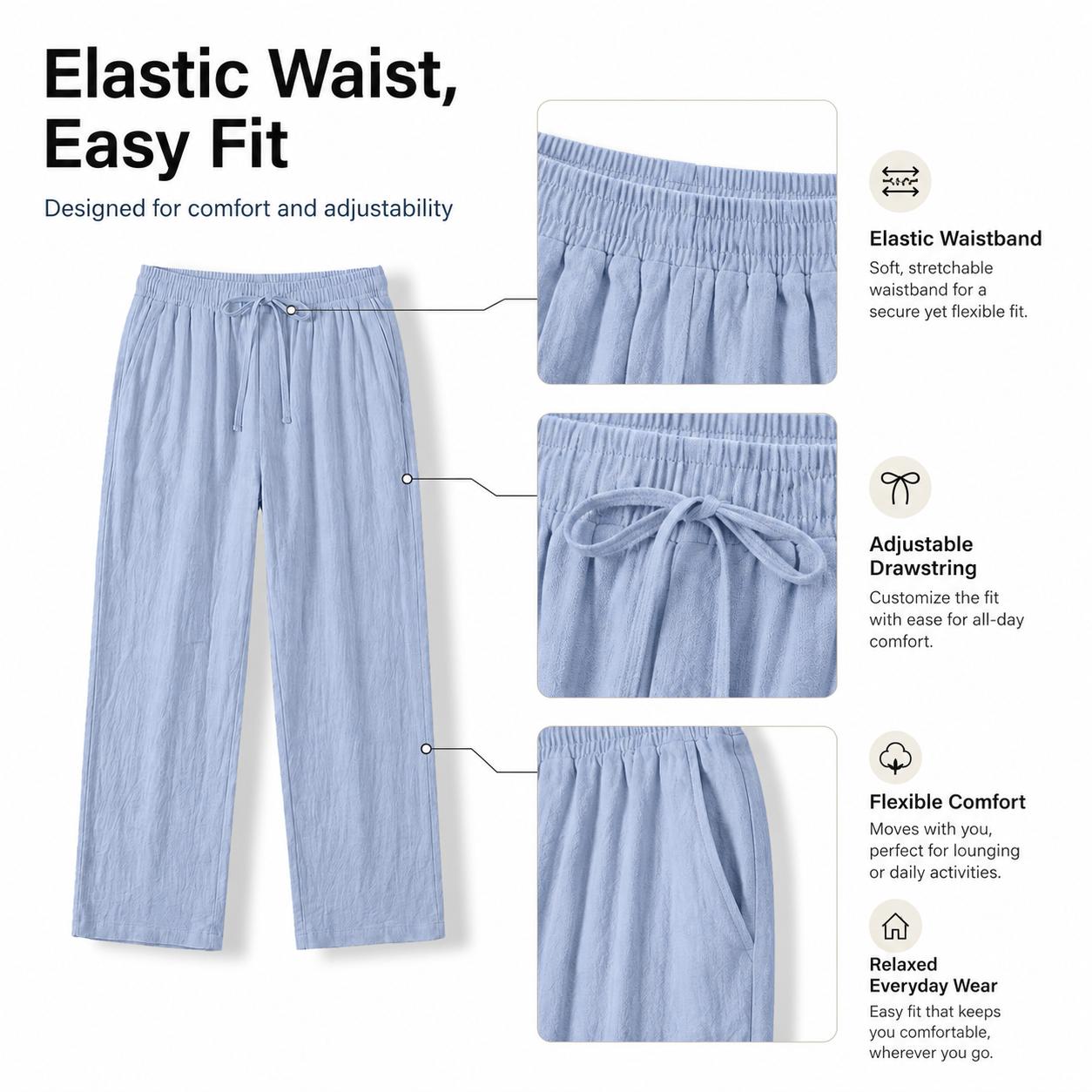 3-pack men’s 100% cotton casual pants: lightweight drawstring pants, breathable straight sleep pants with pockets—suitable for everyday wear, sports, leisure, and outdoor beach activities.