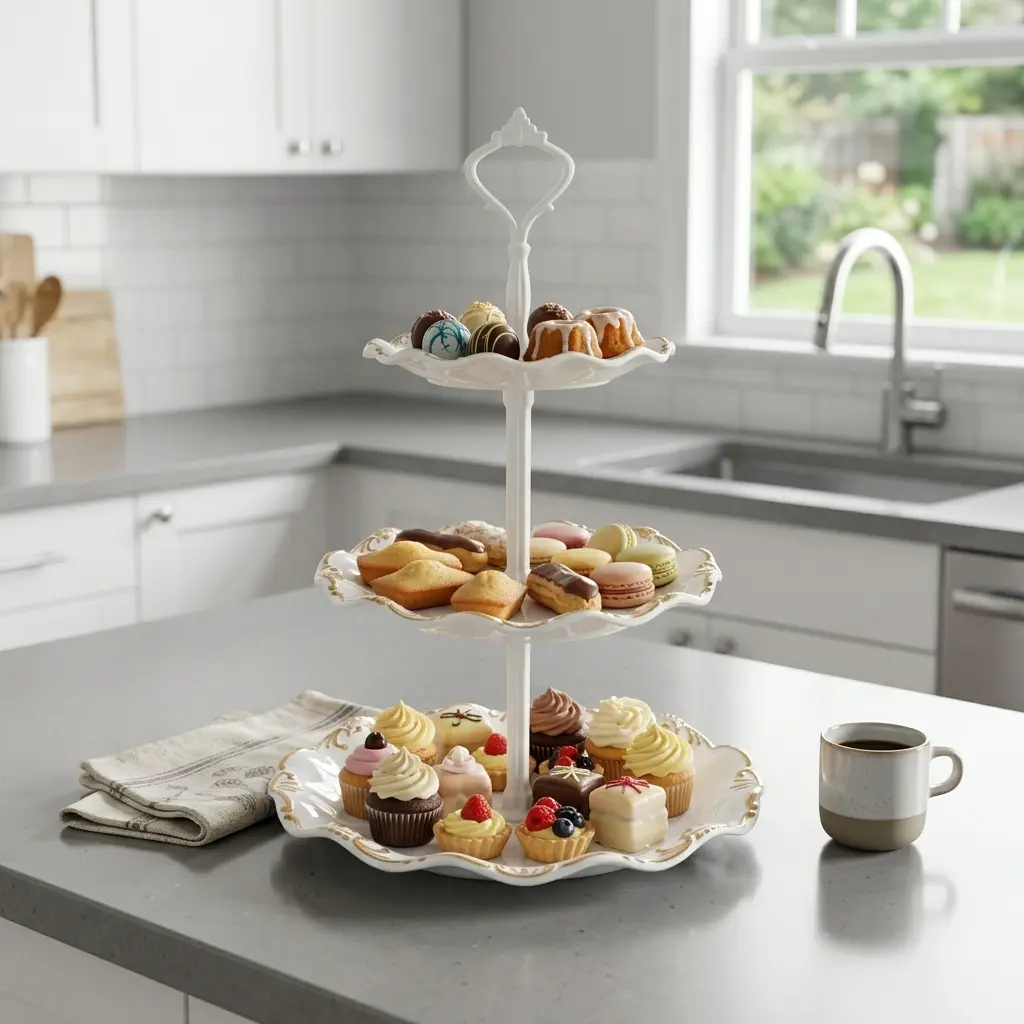 3 Tier Dessert Server - Graduated Embossed Serving Plates - Porcelain Trays With Plastic Center Rod Removable Chic Snack Display Shelf - For Afternoon Tea Bridal Shower Birthday Gathering - Off-White With Gold Trim