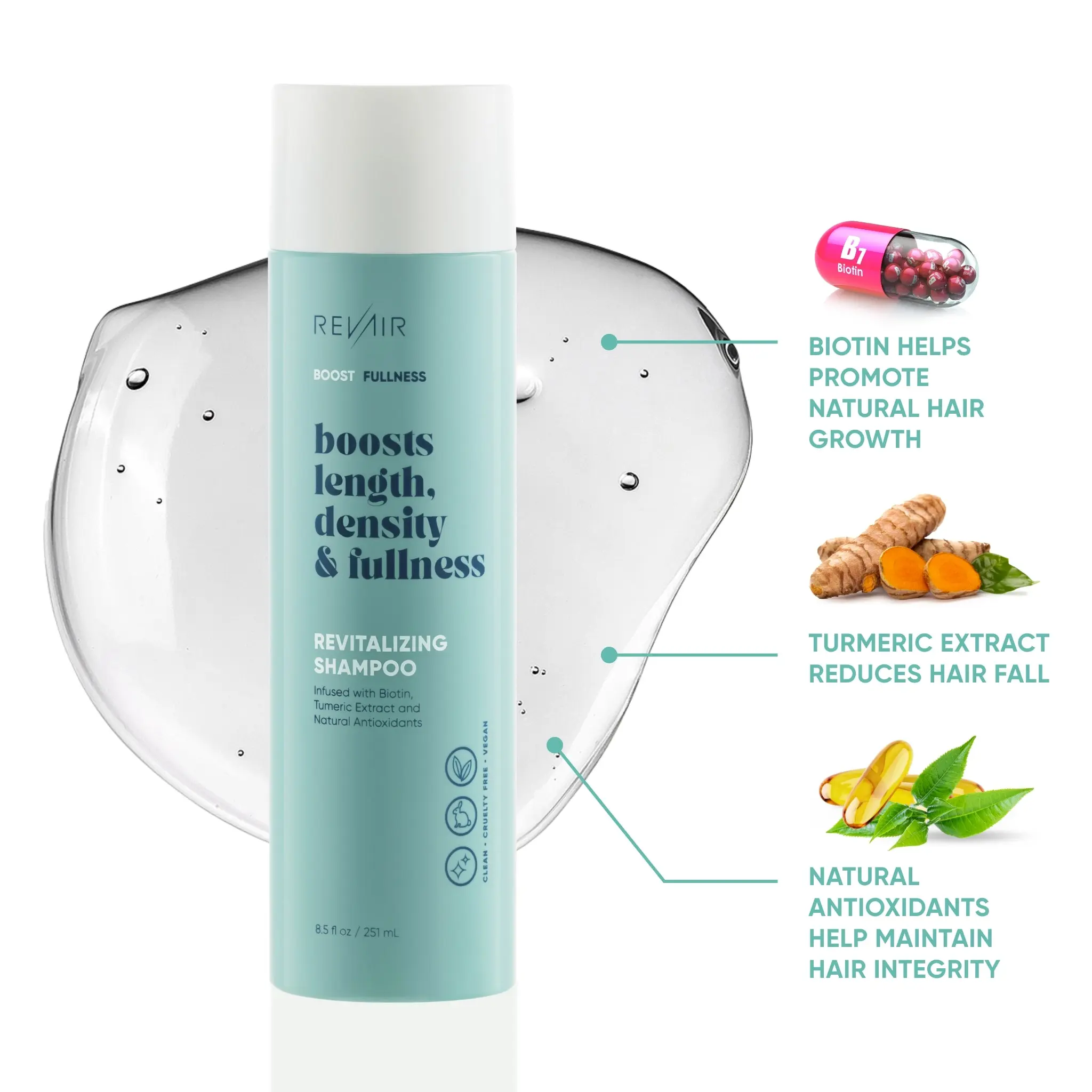 RevAir Boost Fullness - Revitalizing Shampoo with Biotin and Turmeric Extract for Hair Growth and Density 8.5 oz.