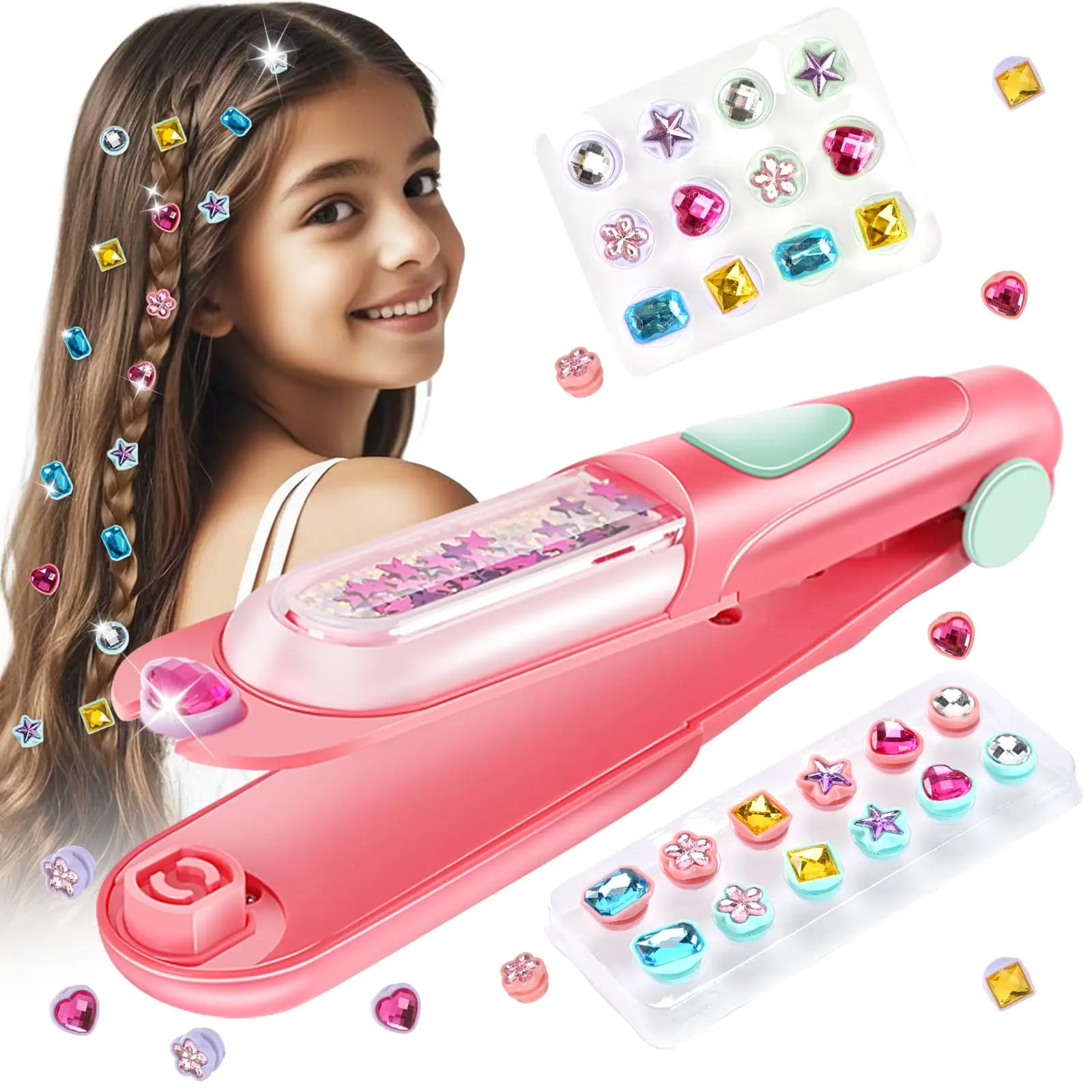 Hair Gem Stamper Kit with Reusable Shiny Rhinestones, Heatless Hair Styling Tool for Girls, Glitter Hair Styling, Heatless Styling Tools, Styler