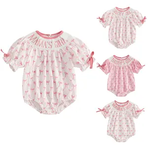 Newborn Baby Girl Romper Mamas Mini Bow Plaid Print Puff Sleeve Smocked Bubble Romper Jumpsuit Bodysuit Clothes Springtok