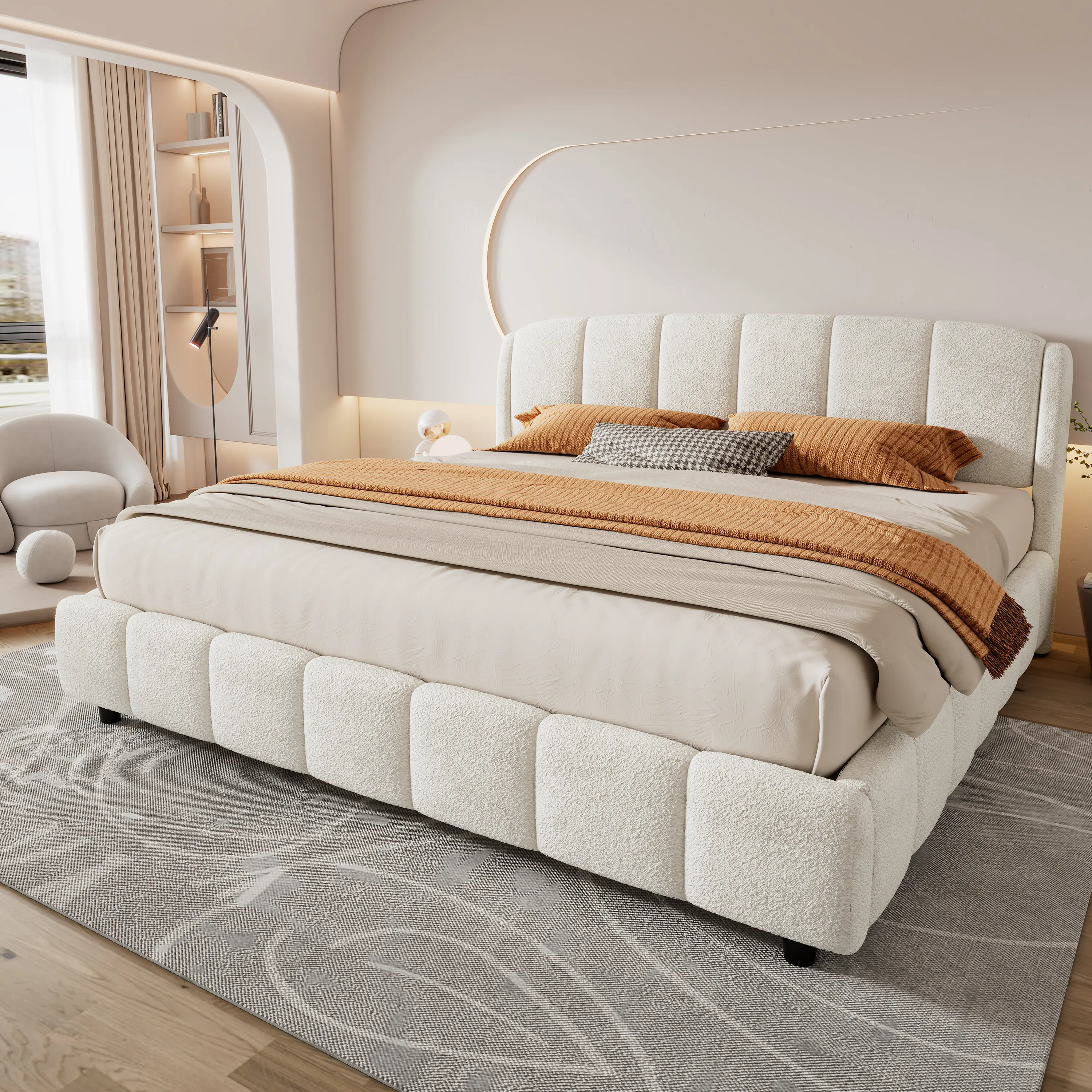 Platform Bed with Soft Boucle Fabric & Curve-Shaped Headboard, Upholstered Modern Bed Frame with Curved Design, Plush Boucle Bed for Bedroom