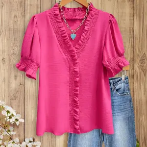 SageVell Ruffle Trim V - Neck Bright Pink/ Blue/ Green Blouse, Smocked Cuffs & Front, Soft Textured Fabric, Chic Casual Style, Cute Basic Tops for Women Cotton Shirts Office Outfits Women Womenswear Shortsleeve Medium Fitted