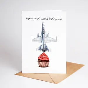 Fighter Jet Birthday Card | Fun Aviation-Themed Card for Son, Grandson, or Boys | Military Jet & Cupcake Birthday Card