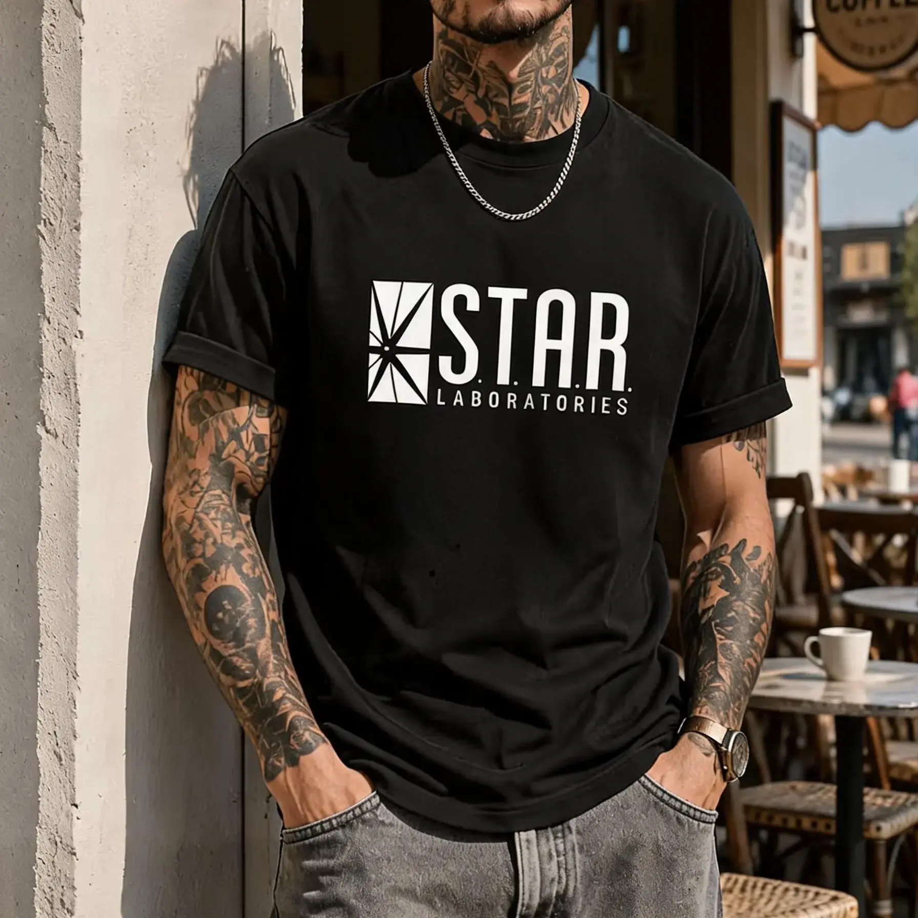 Men's STAR Laboratories The Flash TV Show Graphic T-Shirt, Classic Round Neck Short-Sleeve Casual Unisex TikTok Viral Tshirt, Black Menswear Top, Shortsleeve, Digital Print, Superhero Stuff, Tv Show Logo, Unisex Fit, Tee