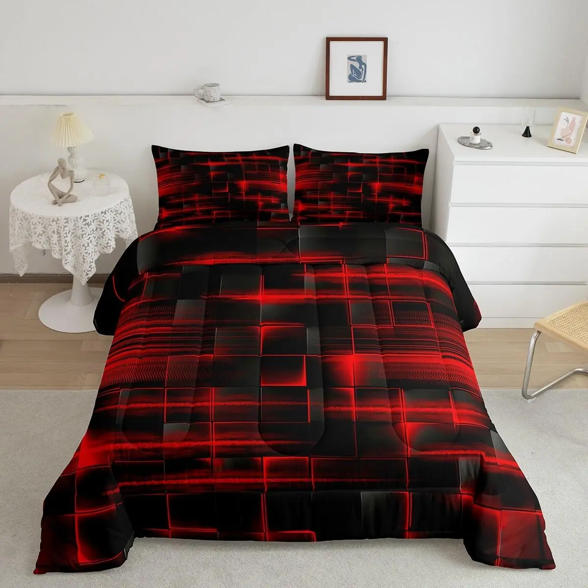 Feelyou Microfiber Bed Comforter Set - Red Black Luxury Geometric Strip Lines Designer Bedding, Soft Breathable Abstract Duvet Set with Decorative Pillows, Microfiber Bedding Set