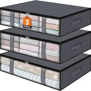 3 Pack Under Bed Storage Bags, 40L Large Clothes & Comforter Storage Containers with Clear Window, Breathable Fabric Organizer for Blankets, Bedding, Seasonal Clothing, Grey, Space Saving Storage, Household Storage Organizer