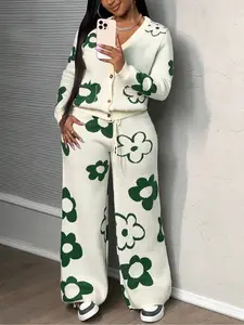 Plus Size Floral V Neck Knitted Cardigan Set, Fall & Winter Jacquard Sweater and Knit Pants Two-Piece, Casual Loose-Fitting Style