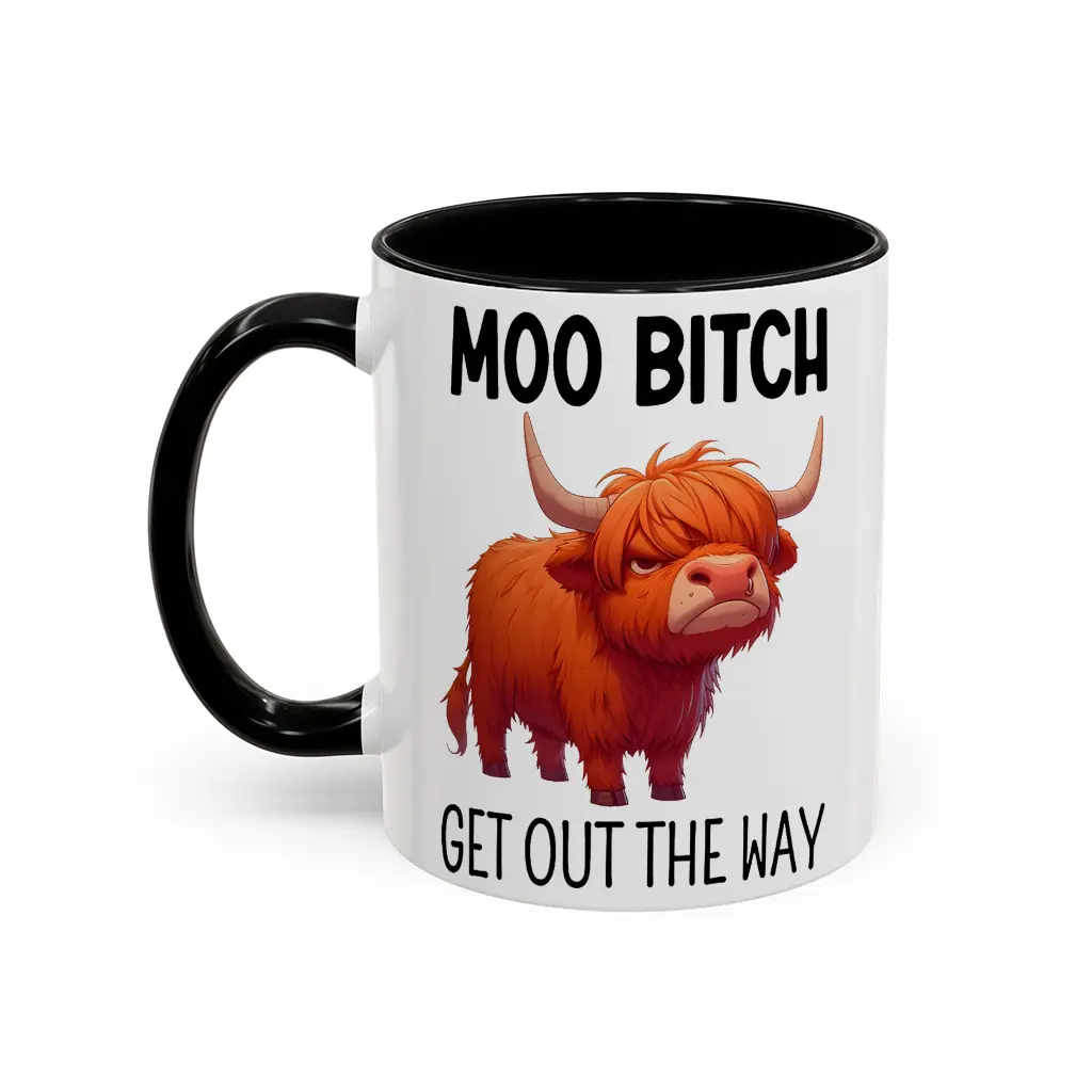 Funny "Moo Bitch Get Out The Way" Watercolour Printed Ceramic Highland Cow Mug - Reusable Animals-Themed Drinkware, Coffee Time Essential, Funny Gifts for Cow Lovers, Office Desk Decor, Sarcastic Gag Gift for Stress Relief