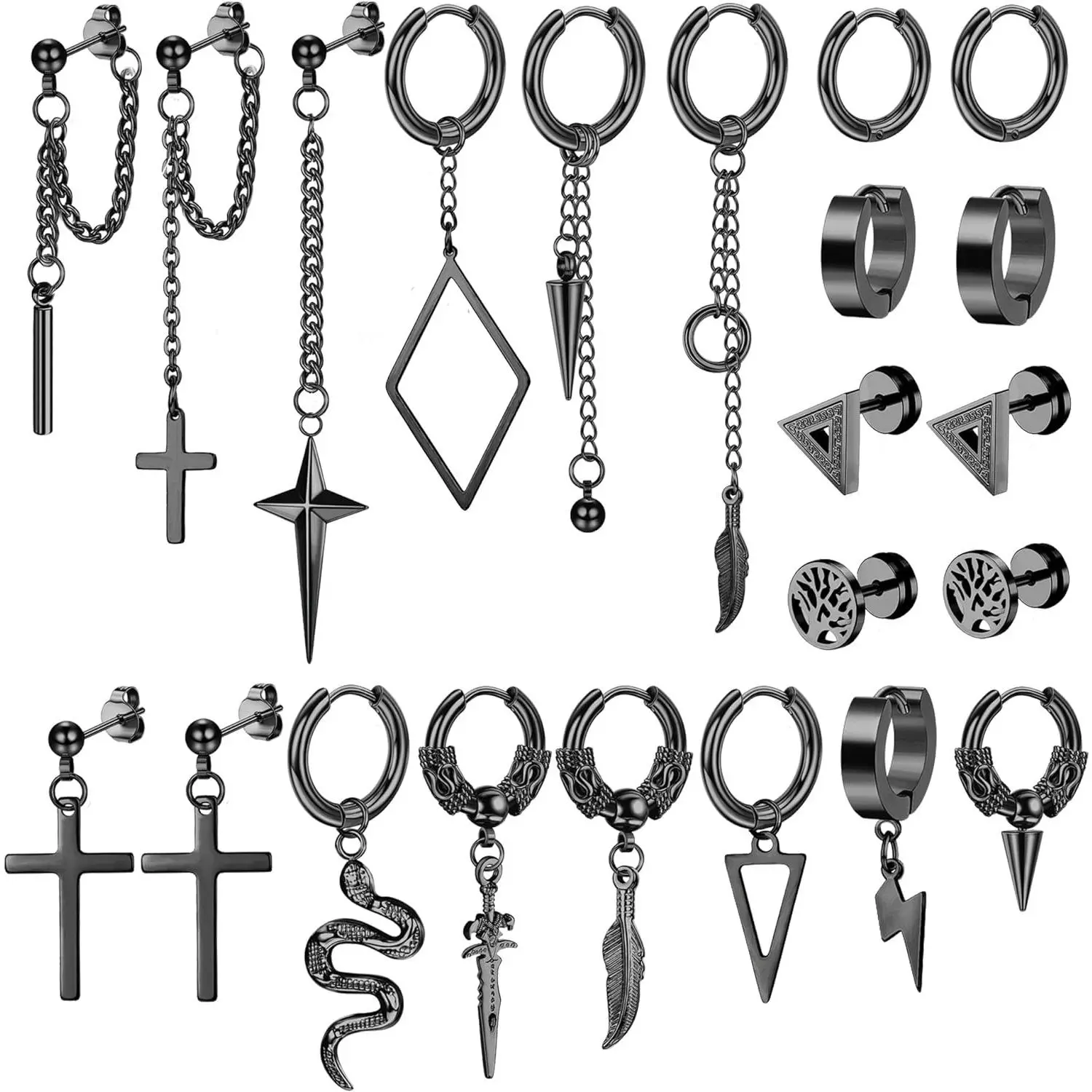 CASSIECA Men's 22-Count Stainless Steel Earrings Set & Jewelry - Sleeper Hoop, Punk Long Chains, Snake Feather Sword Dangle Studs, Statement Fashion Accessory for Daily Wear
