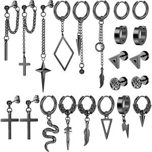 CASSIECA 22-Count Earrings Set for Men, Stainless Steel Hinged Fashionable Huggie Hoop Earrings, Punk Long Chains, Snake Feather Sword Dangle Studs, Kpop Fashion Accessory for Daily Wear