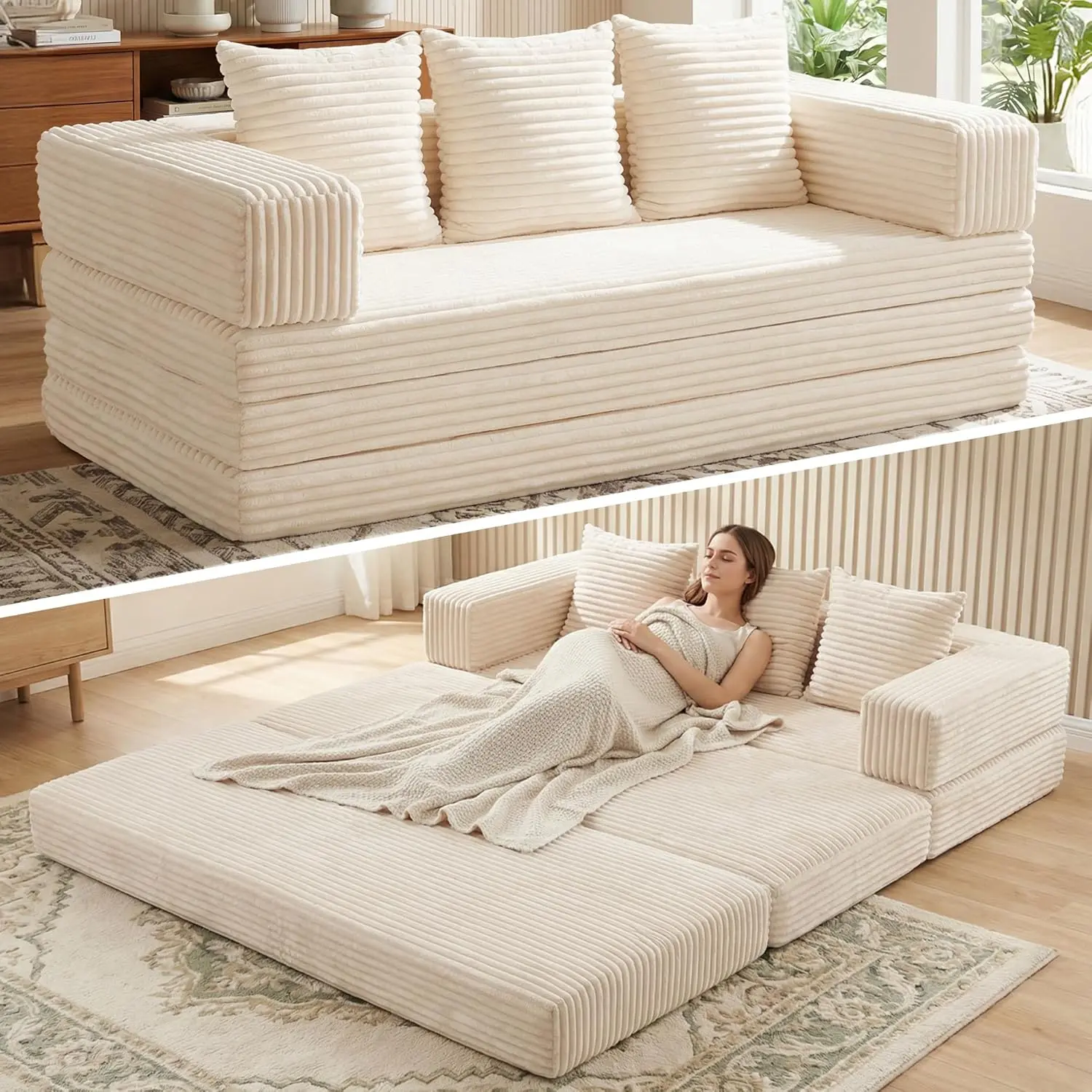 78"L×105"W 4-in-1 Boneless Convertible Futon Sofa Bed, Comfy Couch with Removable Armrests & Backrest, Polyurethane Foam Foldable Corduroy Sleeper for Family Watch Party, Bedroom & Living Room