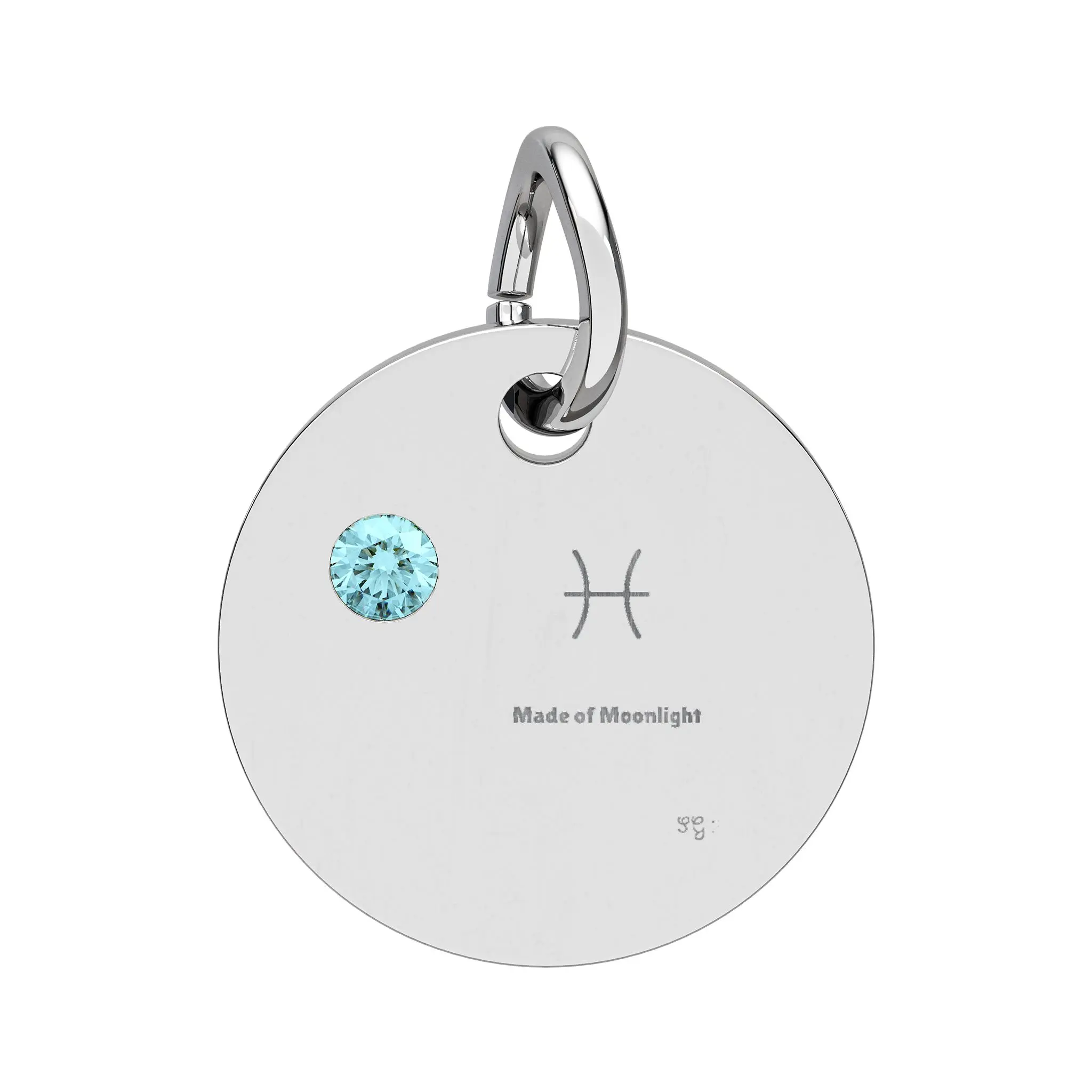 Pisces Aquamarine Birthstone Circle Charm Pendant | Engraved Zodiac Symbol, Personalized Metal Charm