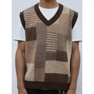 Men's casual v-shaped knitted vest |     Sleeveless Pullover with Geometric Pattern |     Versatile Brown and Beige Color Block Design |     Ideal casual clothing for parties and outdoor activities