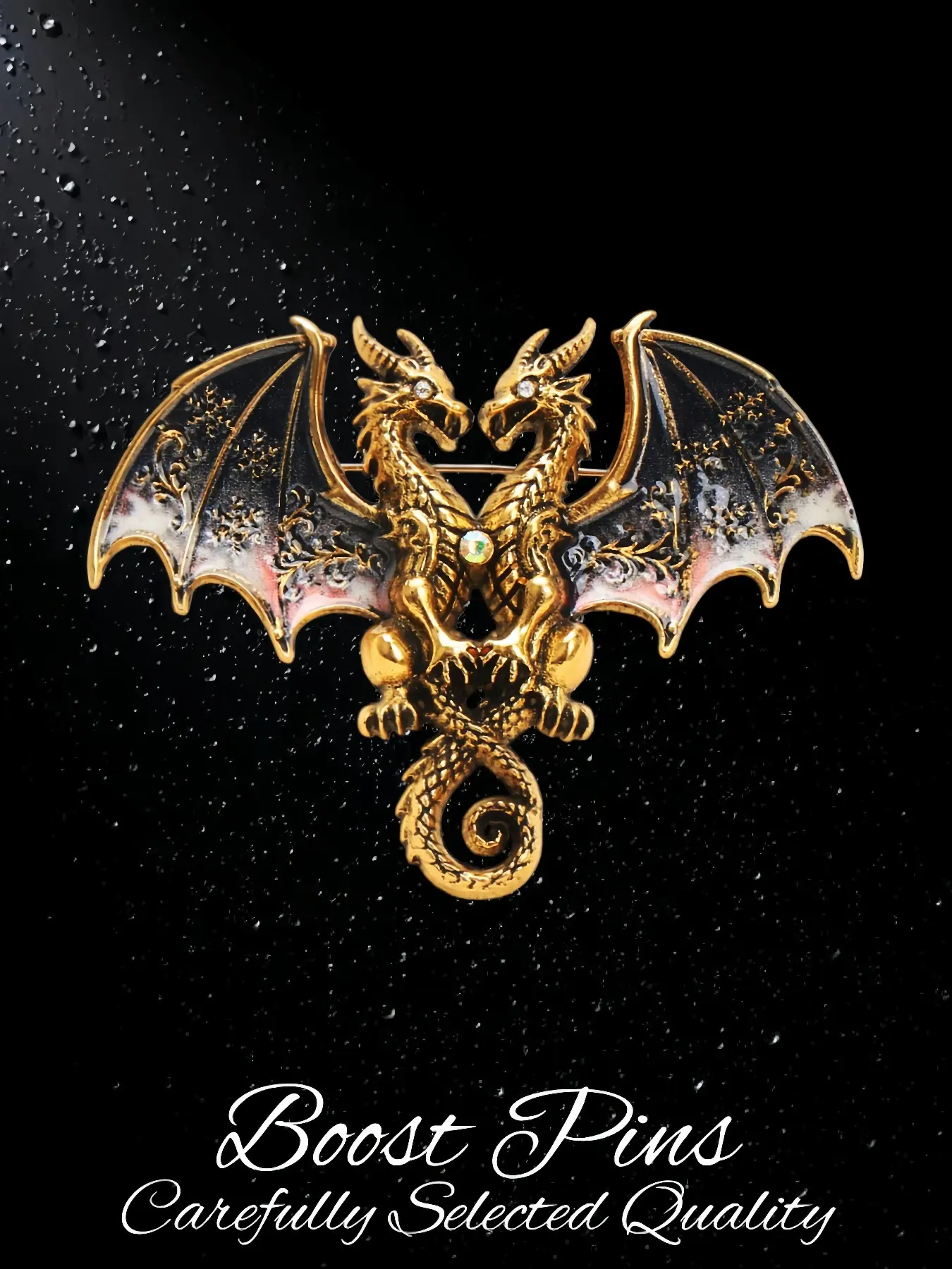 Gothic-style double-dragon brooch, made of alloy and embellished with sparkling rhinestones; a dark fantasy-themed, distinctive lapel pin; an exclusive, unique accessory for goth enthusiasts, Metal Brooch