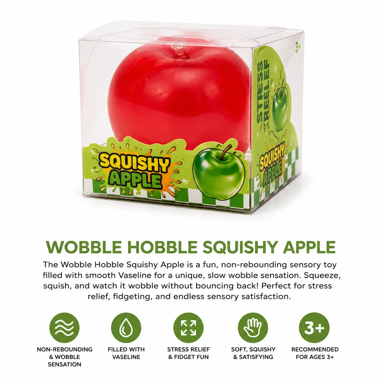 Jumbo Squishy Apple by: Wobble Hobble Toy Co. Non-Rebounding Stress Relief Sensory Fidget Toy with Vaseline Filling, Slow-Rise Squish, Jumbo Size