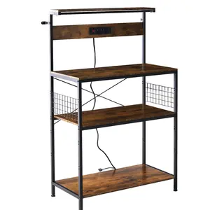 Kitchen Bakers Rack 4 Tier Coffee Bar Table With Power Outlet, 32 Inch Adjustable Storage Shelf Freestanding Microwave Stand