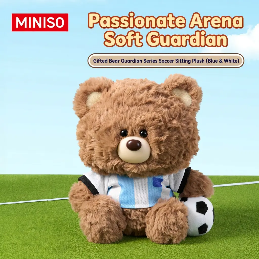 MINISO Gift Bear Guardian Series Teal Jersey Plush Bear - Stuffed Animal Gift, Cute Collectibles, Colorful Design, Soccer Ball Detail, Sporty Sitting Toy for Couch & Desk, Ideal for Soccer Fans