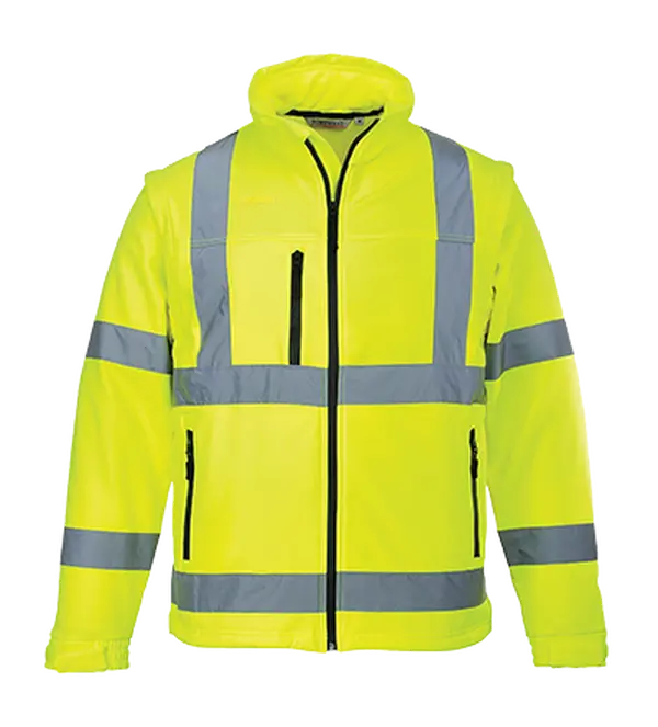 Portwest US428 Large Hi-Visibility Softshell Jacket - Yellow, Regular Fit, Water Resistant, Fleece-Lined, Zipper Closure, 2 Large Internal Pockets, 2 Side Pockets, 6% Spandex, Hook and Loop Adjustable Cuffs, 1.9 lbs Work Safety Outerwear