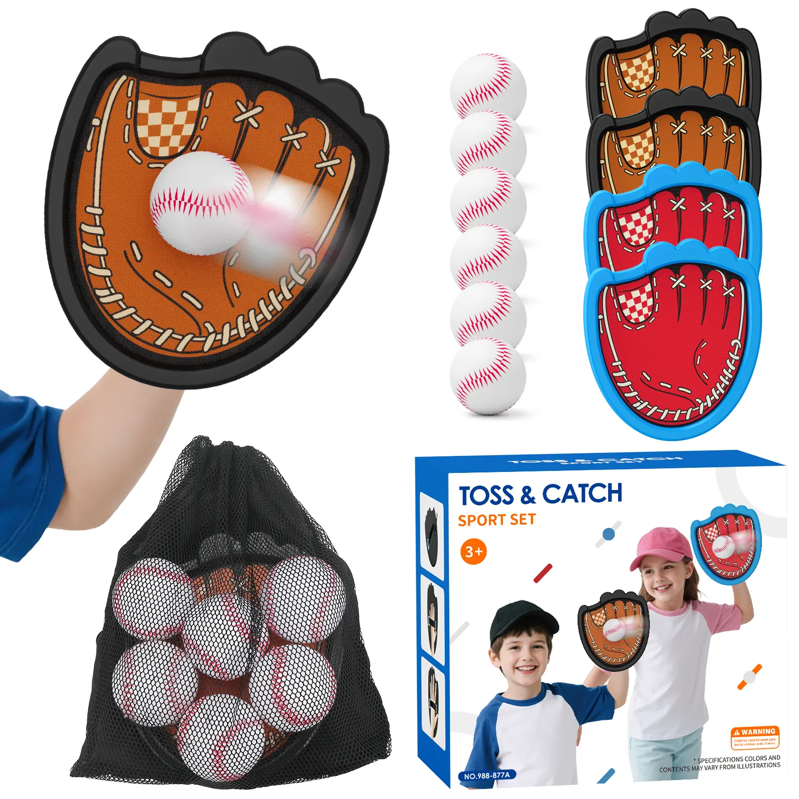 Velcro Ball and Catch Set with 2 Paddles, 3 Balls & Unisex Adjustable Straps - Kids Toys Sports Equipment, Baseball-Football Style Gloves, Beach Backyard Cool Gifts for Kids, Outdoor Play