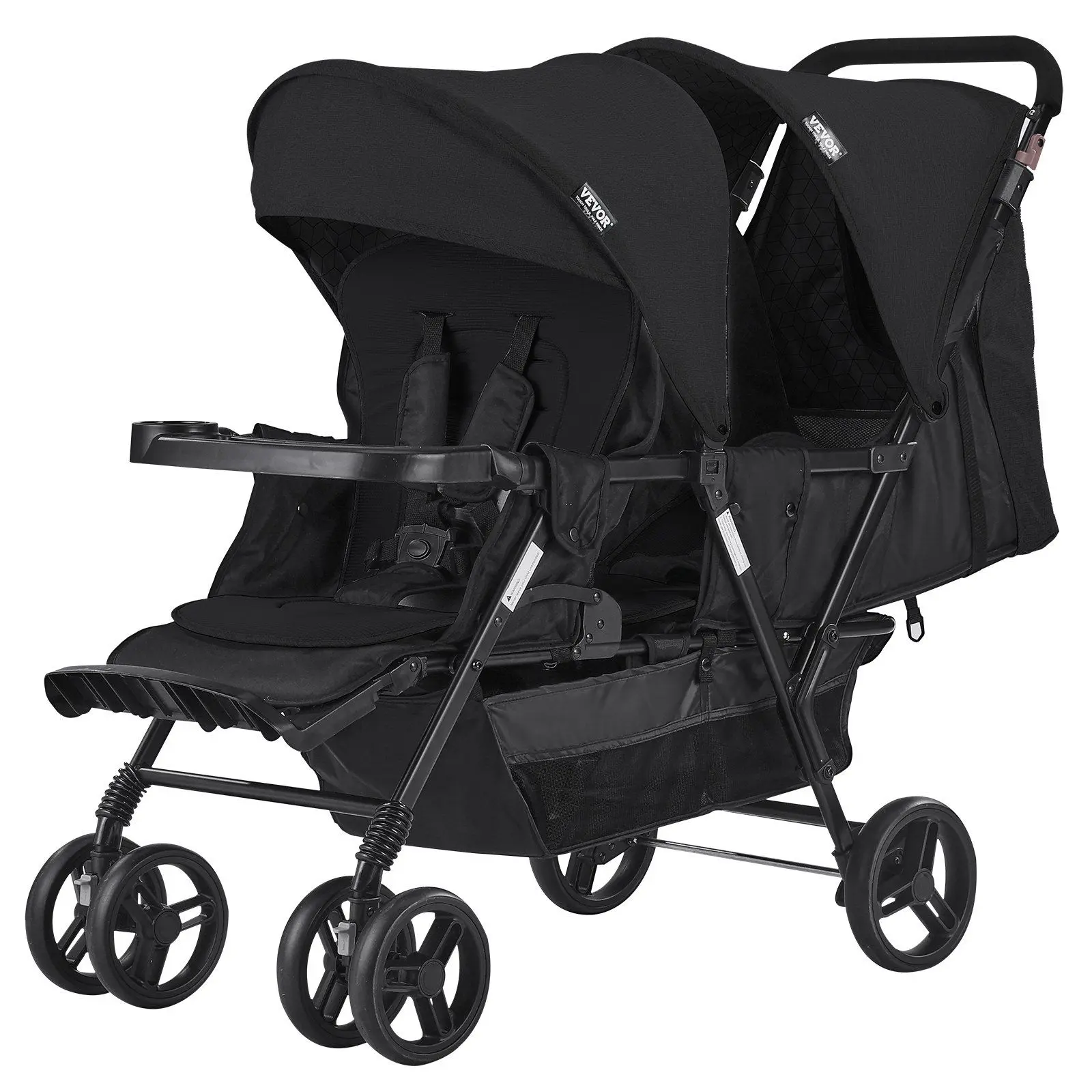 VEVOR Carbon Steel Double Stroller, Foldable Lightweight Twin Tandem Stroller with Stable Frame, Belted Seats, Adjustable Push Handle for Various Terrains, Black, Easy Install
