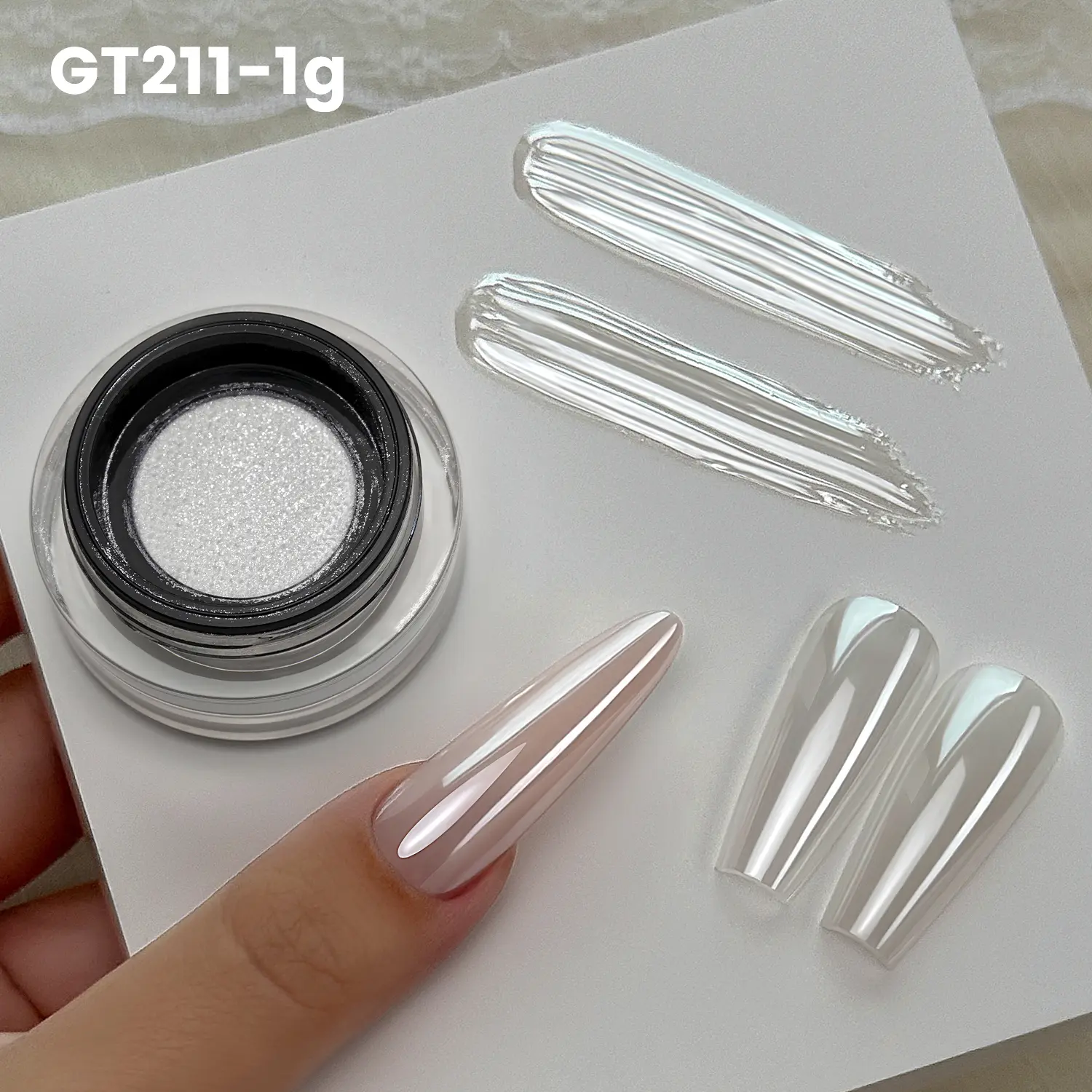 YOKEFELLOW GleamTap Cushion Magic White Chrome Nail Powder 1g - Glazed Donut， Pearlescent Nail Chrome Powder,，Nail Art Decoration for Home DIY Salon Manicure ( GT211 Magic White ）