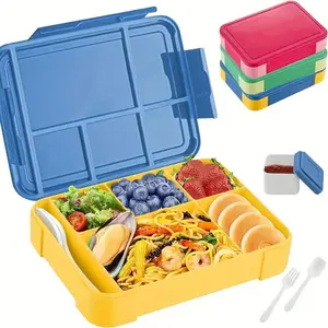 5-Compartment Microwave-Safe Bento Lunch Box with Leak-Proof Compartments, Reusable Spoon and Sauce Container, Durable Plastic Food Container for Office Work School