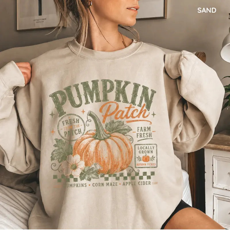 Retro Pumpkin Patch Sweatshirt, Vintage Autumn Graphic Crewneck, Distressed Farm Fresh Pumpkin Sweatshirt, Cozy Harvest Season Pullover, Trendy Fall Outfit