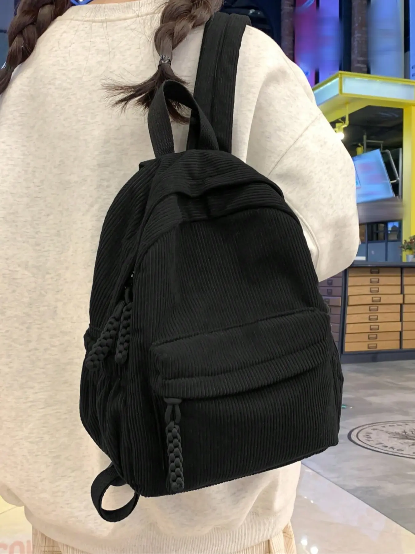 Solid Corduroy Durable Backpack, Stylish and Simple Student Bag, Large Portable Lightweight Daily Backpack for Teens and College Students, Trendy Backpack, Casual Daypack Backpacks, School Backpacks, Zipper Backpack
