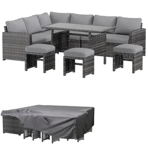 【3 to 4 packages】YODOLLA Patio Furniture Set with Cover, 7 Pieces Outdoor Sectional Sofa Conversation Set All Weather Wicker Rattan Couch Dining Table & Chair with Ottoman