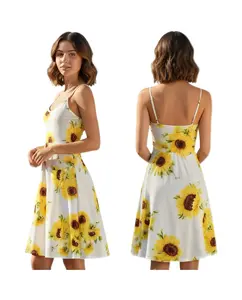 23008 Women's Sunflower Print Spaghetti Strap A-Line Summer Dress