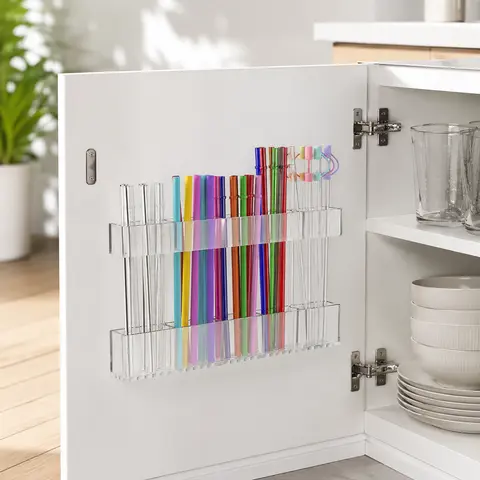 Transparent Acrylic Straw Organizer Rack - Adjustable Large, 60% Stronger Super Adhesive, Eco-Friendly Universal Storage, Cabinet Organizers and Storage, Door Mount for Cabinet Doors/Drawers (1pc) - Clean Kitchen Look Solution for Any Size/Type Straws