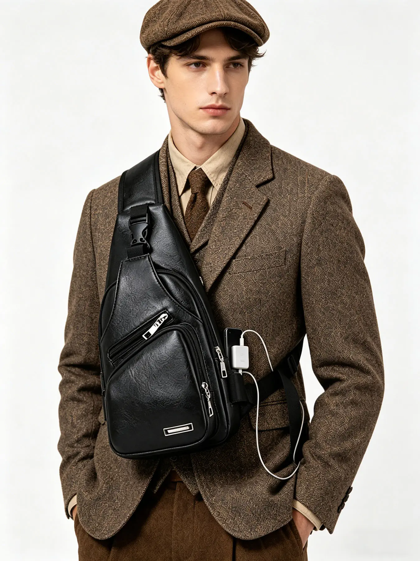 Vintage Business Casual Men's Leather Chest Sling Bag with USB Charging Port, Multi-Compartment Crossbody Pack, Adjustable Chest Pack for Work, Travel & Sports Events, Tactical Chest Bag