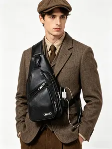 Vintage Business Casual Men's Leather Chest Sling Bag with USB Charging Port, Multi-Compartment Crossbody Pack for Work, Travel & Sports Events, Tactical Chest Bag