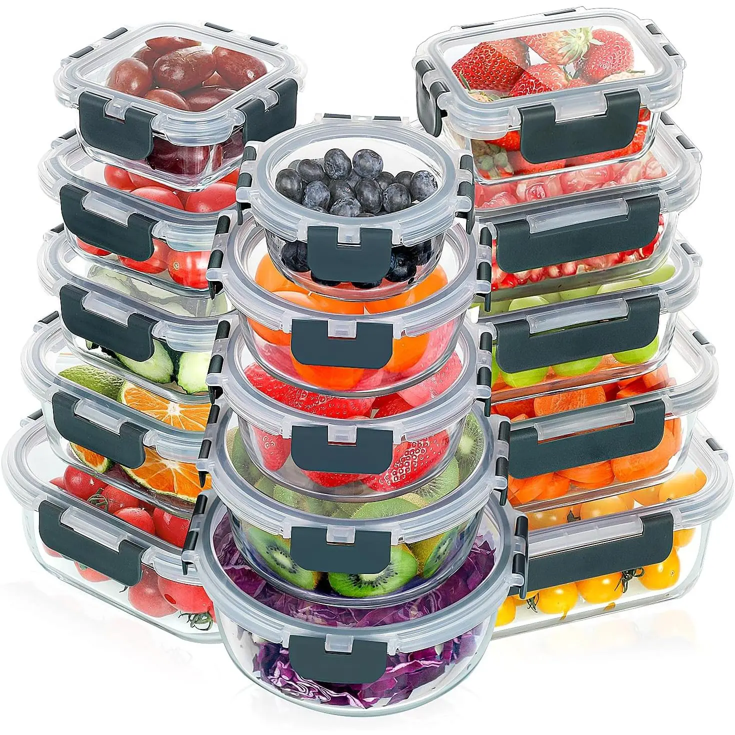 30 Pieces Glass Meal Prep Containers Set, Stackable Glass Food Storage Containers with Lids-Airtight Lunch Containers,for Microwave, Oven, Freezer & Dishwasher,Grey