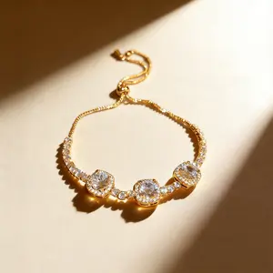 Luxury Triple Halo Gold Plated Tennis Bracelet, Adjustable CZ Bolo Bracelet, Hypoallergenic Jewelry, Perfect Gift for Her Elegant Bangle Cubic Zirconia