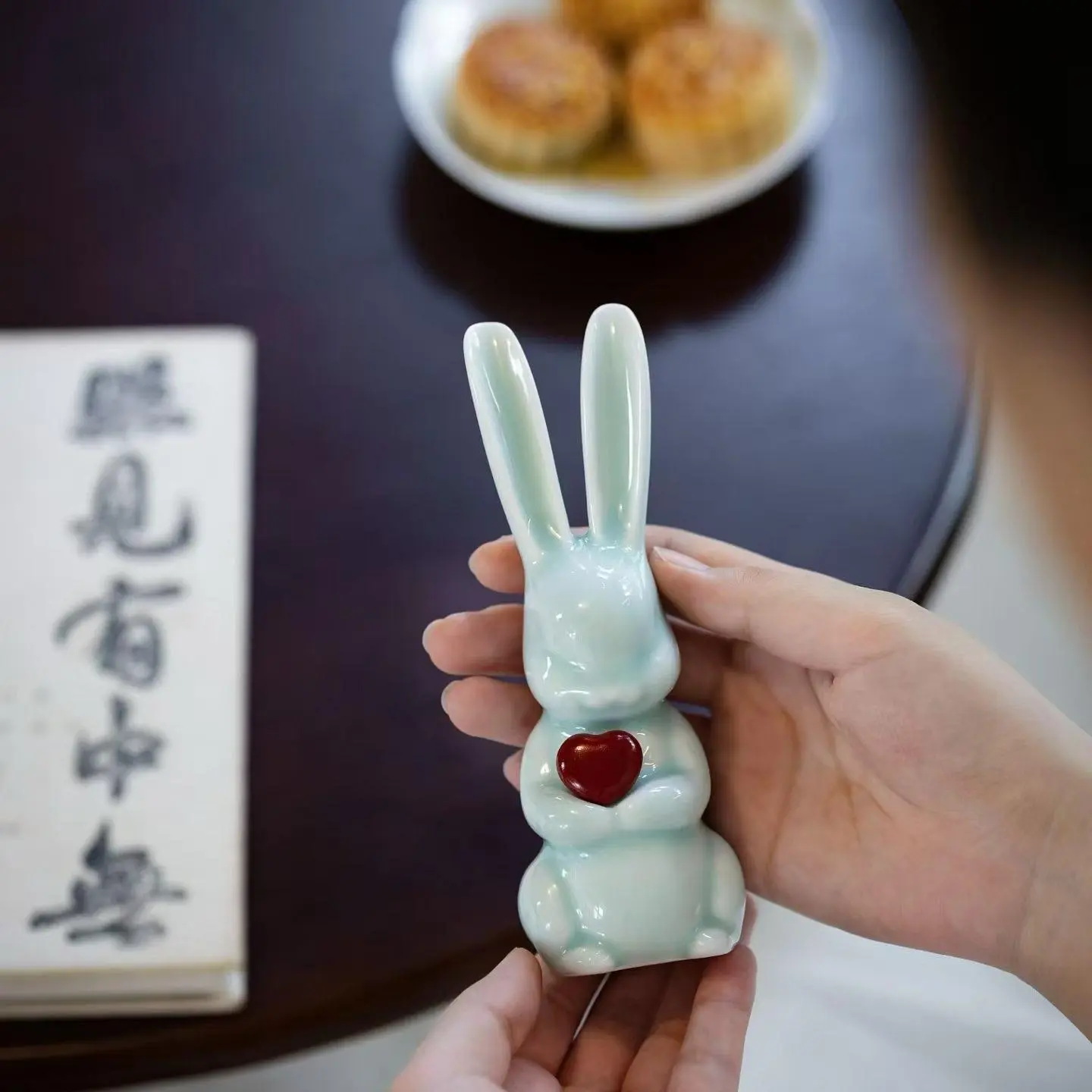 Handmade Celadon Bunny Figurine | Longquan Celadon Rabbit with Heart | Ceramic Animal Decor | Cute Desk Decor | Gift for Her Decorative Room