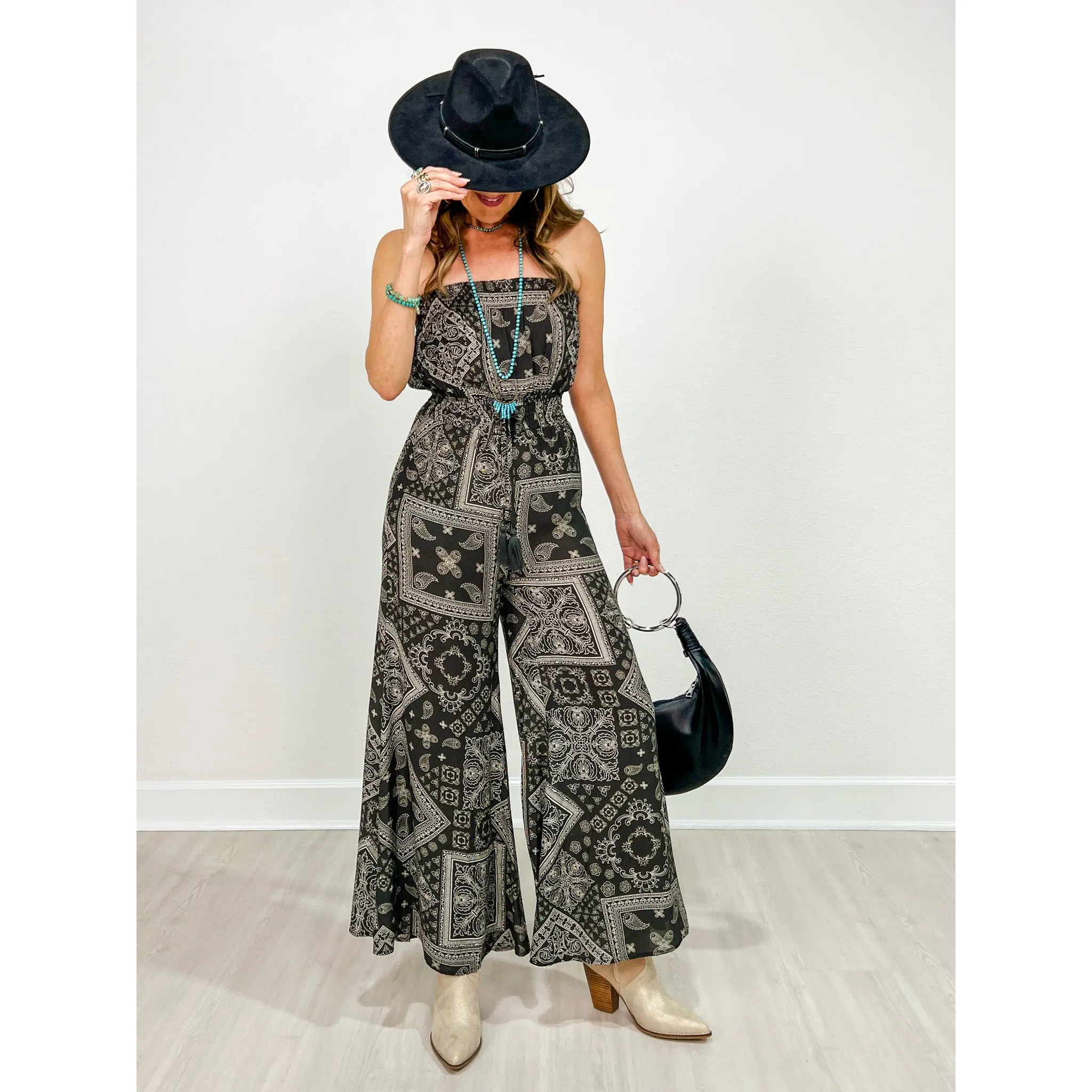 Border Print Tube Top Jumpsuit With Pockets