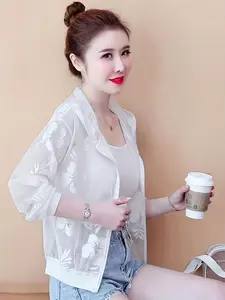 Summer long sleeved short jacket women's sun protection clothing thin mesh lace versatile plus size cardigan outer outfit Outerwear Womenswear