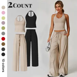 Women's Summer Casual V-neck Top and Wide-leg Pants Set, Women's Vacation and Travel Outfit, Comfortable Sporty Casual Wear, Yoga Set, Casual Loose Pants, Basic Set， long pant suit