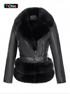 Women's Fall Winter PU Faux Fur Jacket, Aesthetic Vintage Style Fitted Long Sleeve Coat, Warm Daily Wear with Adjustable Waist Belt, Casual Plain Design