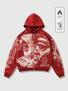 Men's Y2K Retro Casual Streetwear Hoodie, Loose-Fit Short Jacket, Angel Wings Graffiti Print Zip-Up Sweatshirt, Dark Fashion Trend