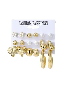 Earrings 9-Piece Set, Bold Geometric Imitation Pearl Stud Earrings, Rhinestone Embellished Ear Jewelry Kit, Fashion Accessory Collection