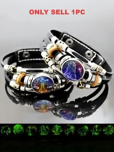 Glow-in-the-Dark Leather Zodiac Bracelet 12 Constellation Horoscope Jewelry for Men Women Premium Genuine Leather Adjustable Strap Vintage Wrap Design Ideal Gift for Astrology Lovers Adjustable Slider Bracelets