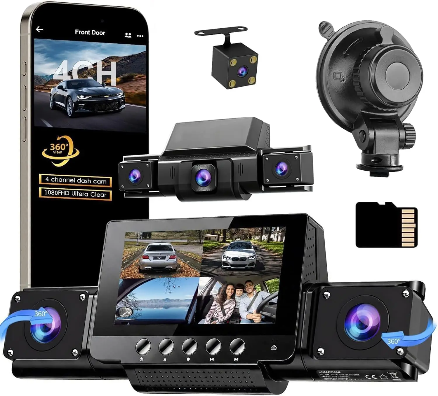 4-Channel 360° View Dashcam for Cars - Front, Rear, Left, Right & Inside Cameras, 160° Wide Angle, Night Vision, WDR, 24H Parking Mode, Supercapacitor, Included 32GB Card