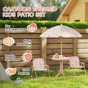 【Springtok】Outsunny Folding Kids Table and Chair Set, Picnic Table with Frog Pattern Removable & Height Adjustable Sun Umbrella for Garden, Backyard