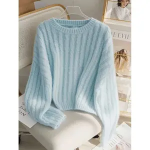 Autumn/Winter Casual Cozy High-End Soft Blue Twist Rope Cable Knit Pullover Sweater For Women Long Sleeve Fabric