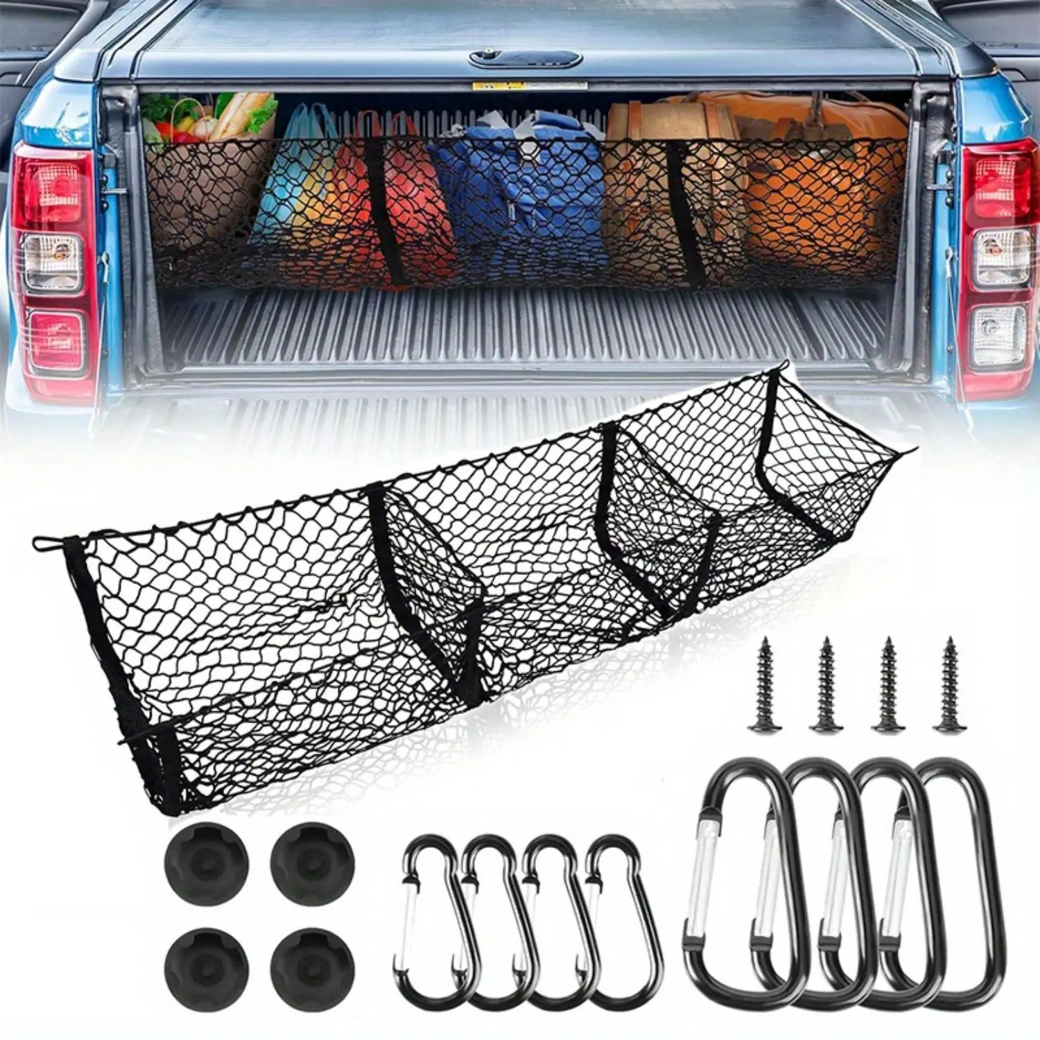 Cargo Net Trunk Bed Organizer for Ford/Dodge/GMC/Chevy Silverado/Toyota/Nissan/Honda Pickup Truck, 59" Longer Mesh Storage Net Grocery Holder Heavy Duty Automotive Cargo Net with 3 Detachable Pocket