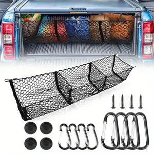 Cargo Net Trunk Bed Organizer for Ford/Dodge/GMC/Chevy Silverado/Toyota/Nissan/Honda Pickup Truck, 59" Longer Mesh Storage Net Grocery Holder Heavy Duty Automotive Cargo Net with 3 Detachable Pocket