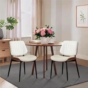 Garvee Set of 2 Mid-Century Modern Dining Chairs with Walnut Bentwood Back and Shell Strips, Upholstered Leather Seats, Ideal for Kitchen, Dining Room, and Living Room, White Finish